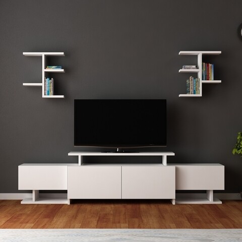 Comoda TV cu rafturi de perete Yaren, Arnetti, 180.4 x 44.3 cm/35.5 x 37.3 cm, alb 180.4