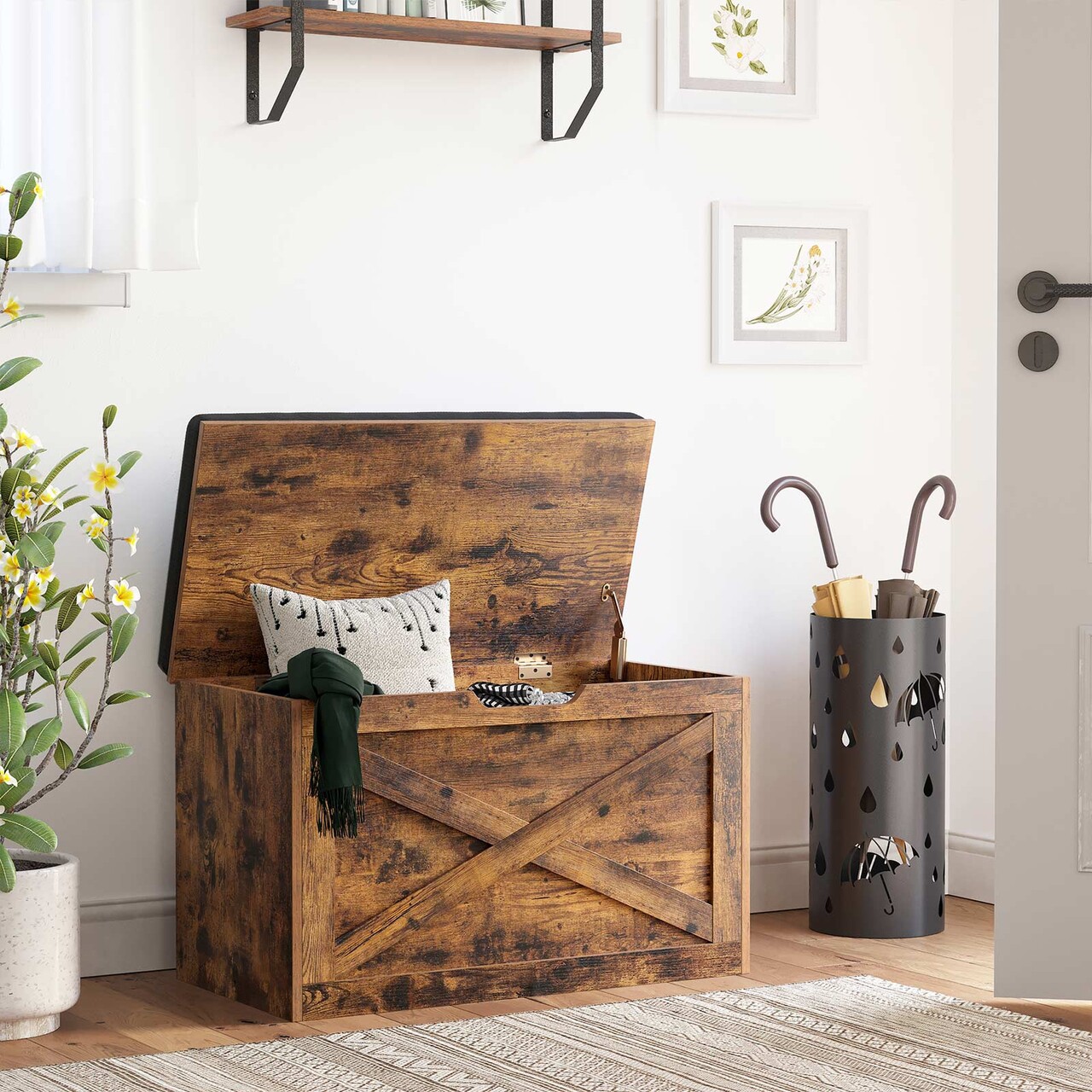 Bancheta cu spatiu depozitare. Vasagle, 76x40x48 cm, max 150 kg, in sintetic/PAL, maro rustic