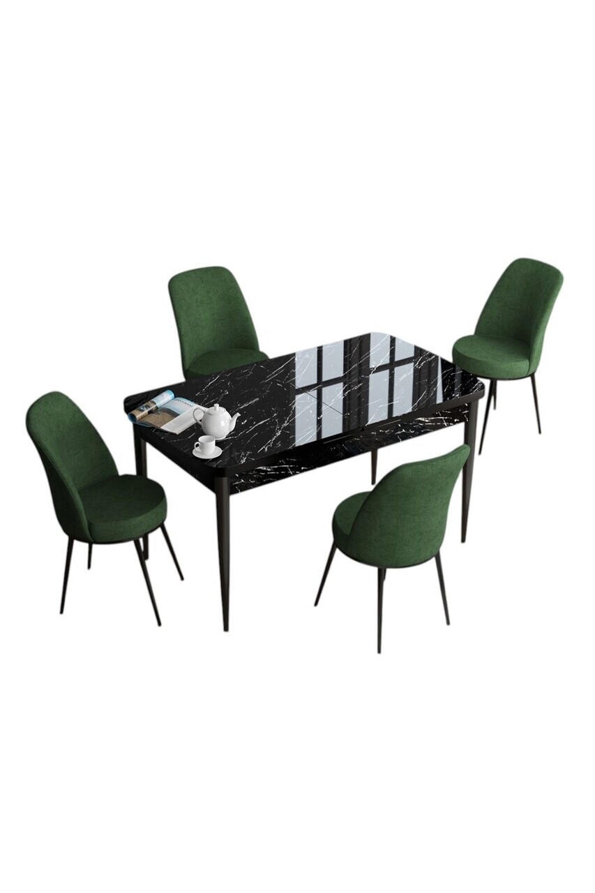 Set masa extensibila si scaune (5 piese), Hanah Home, Han, Model de marmură neagră / Verde kaki — imaginea 2