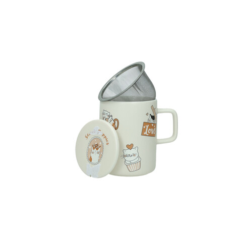 Cana cu infuzor si capac, Cats, Brandani, 8x11.5 cm, portelan New Bone China/inox