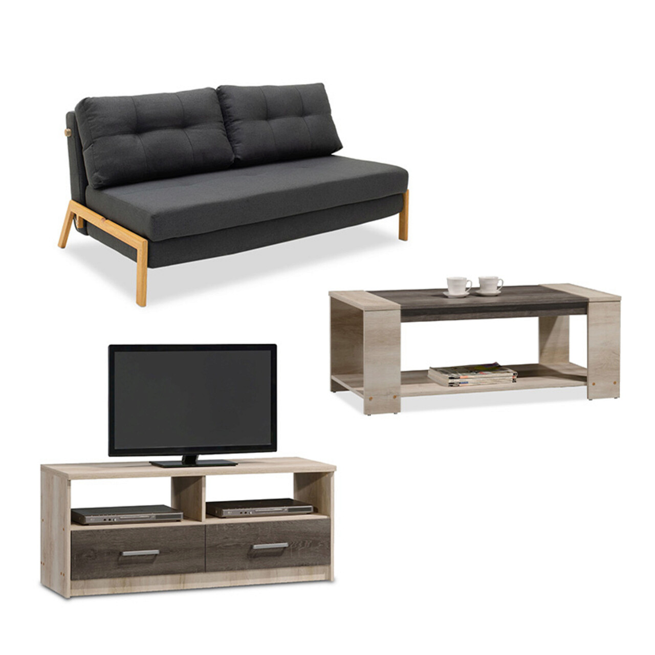 Set mobilier living 3 piese Lounge, Pakoworld, canapea extensibila 2 locuri / masuta / comoda TV, castillo/toro