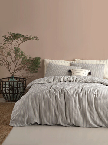 Lenjerie de pat pentru o persoana (fr), 2 piese, kriptimi İpliği boyalı stonewashed - dark blue, cream, limassol, bumbac