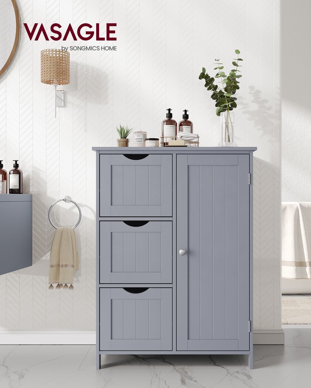 Dulap pentru baie cu 3 sertare, Vasagle, 60x30x80 cm, MDF, gri dove