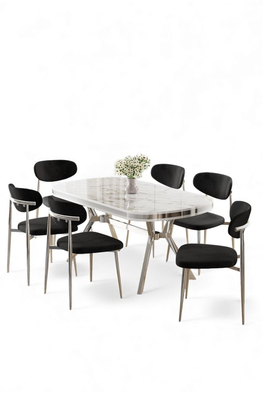 Set masă și scaune (7 piese), Hanah Home, Olya, Marmură albă / Crom / Negru - view 2