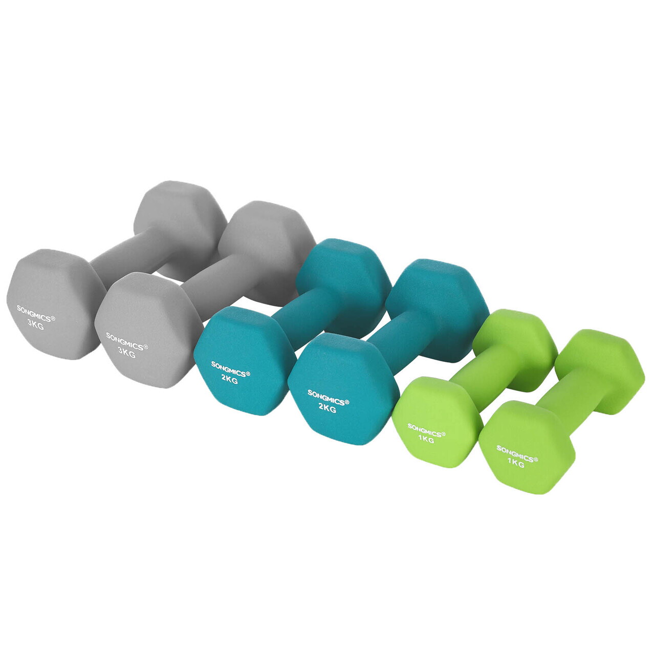 Set gantere fitness 6 piese cu suport, 2 x 1 kg + 2 x 2 kg + 2 x 3 kg, Songmics, neopren, verde/teal/gri deschis - imagine 5