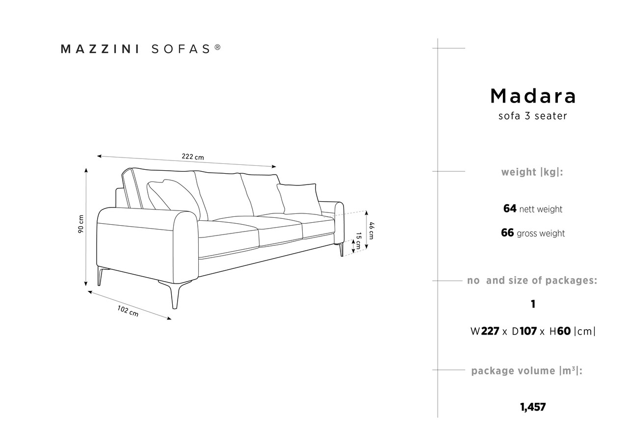 Canapea, Madara, Mazzini Sofas, 3 locuri, gold legs, 222x102x90 cm, catifea, verde bottle