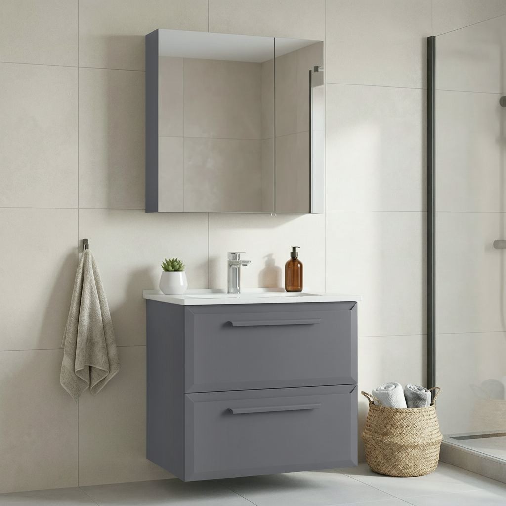 Set Dulap de Baie cu Chiuvetă și Oglindă (2 Piese), Hanah Home, Nuvola 65 v2, Gri
