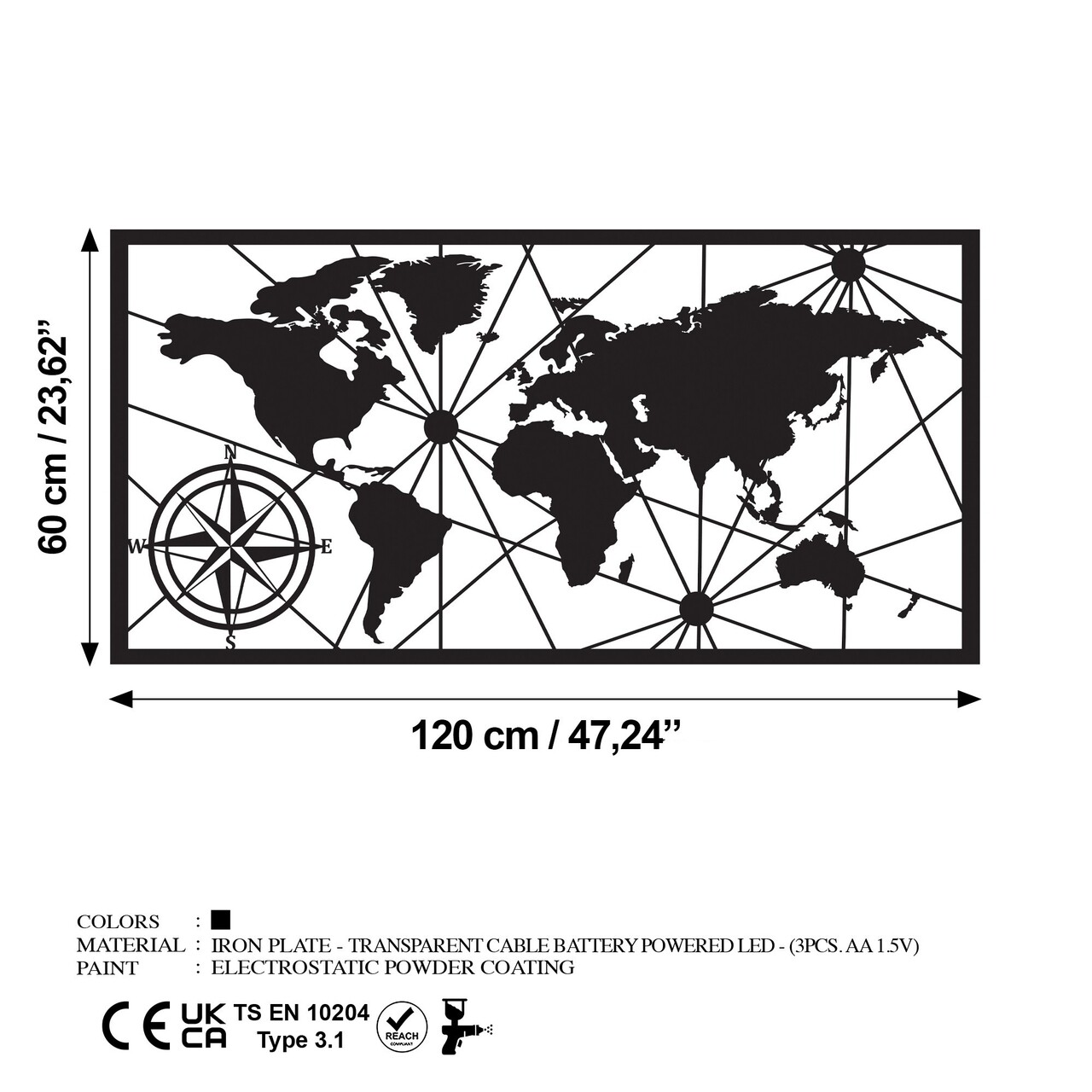 Decoratiune de perete, World Map Led 452, Dimensiune: 60 x 120 cm, Negru - view 7