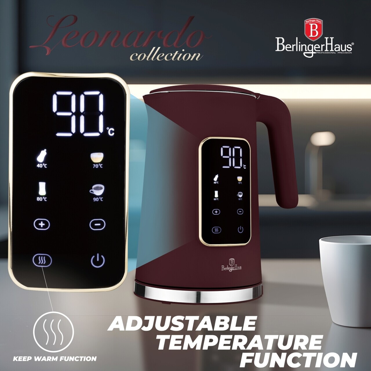 Ceainic electric digital Berlinger Haus, Leonardo, 1.7 L, plastic/inox, visiniu mat - imagine 7