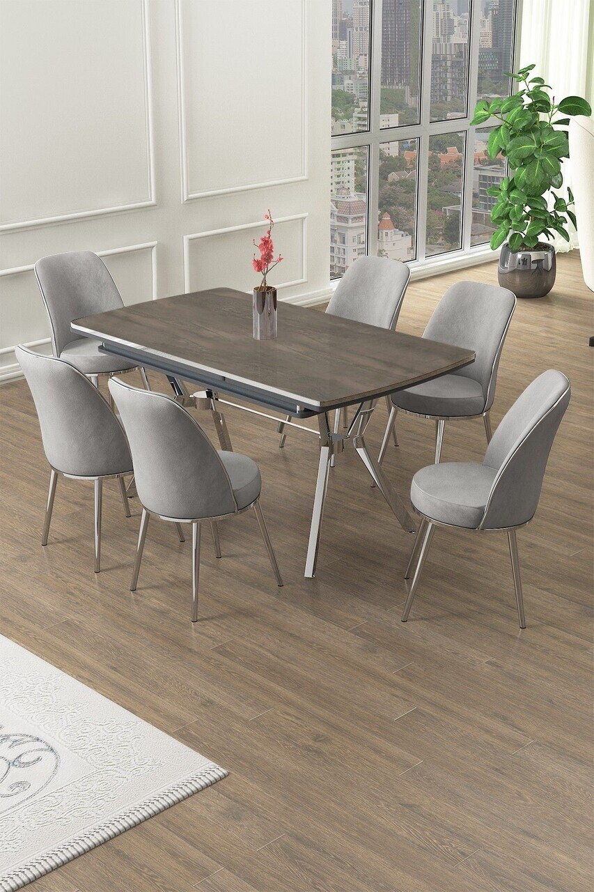 Set masa extensibila si scaune (7 piese), Hanah Home, Poy, Antracit / Crom / Gri