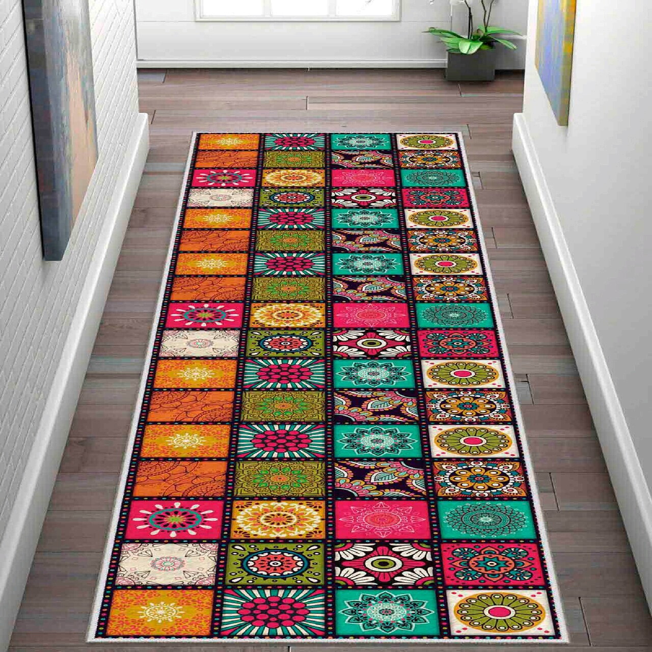 Covor Wooylk0089 80x250 cm Poliester Alb / Portocaliu / Verde / Galben / Fuchsia
