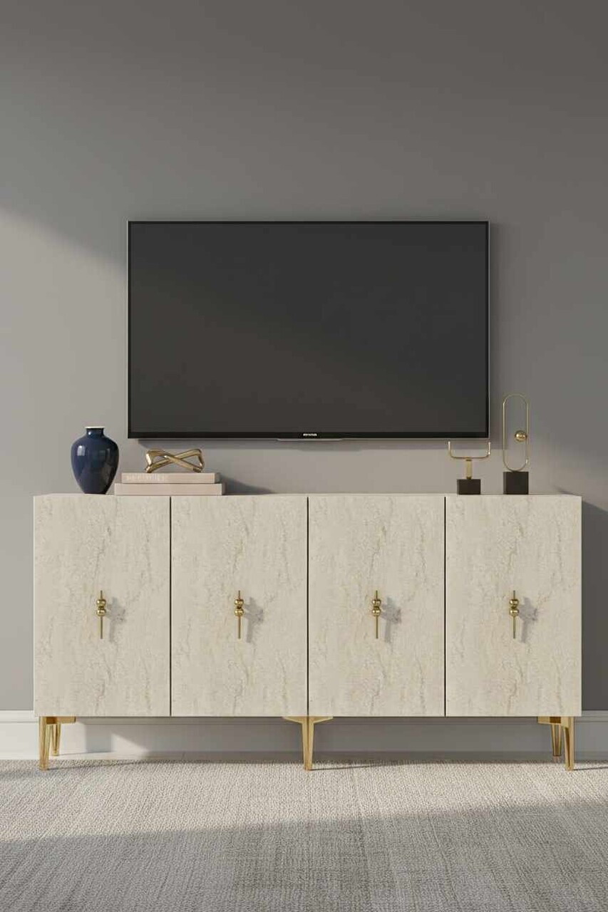 Consola, Hanah Home, Ayshe 150, 150x75x32 cm, White / Travertine / Gold — imaginea 2
