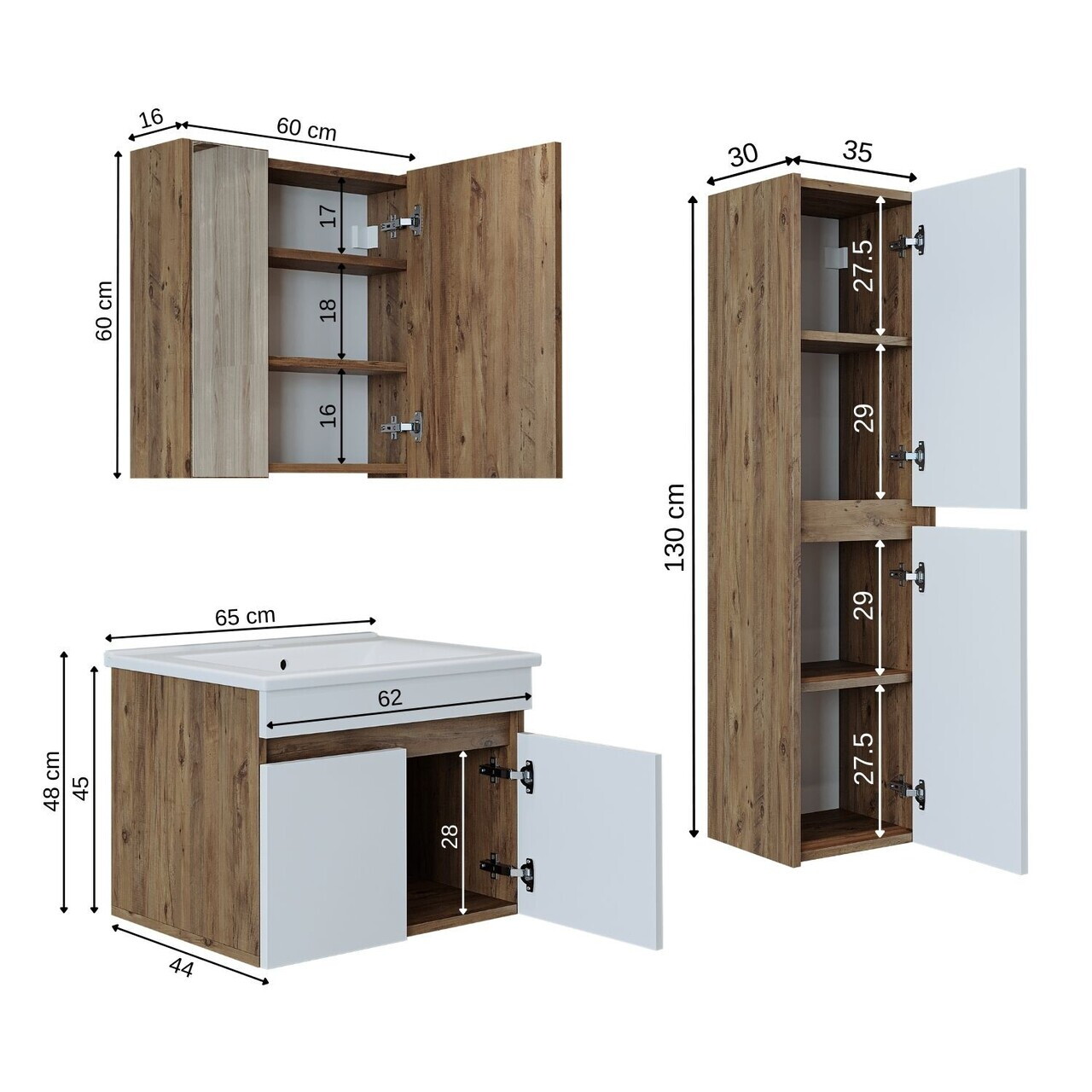 Set Dulap de Baie cu Chiuvetă și Oglindă (3 Piese), Hanah Home, 1896, MDF-LAM, Pin Atlantic / Alb Mat — imaginea 7