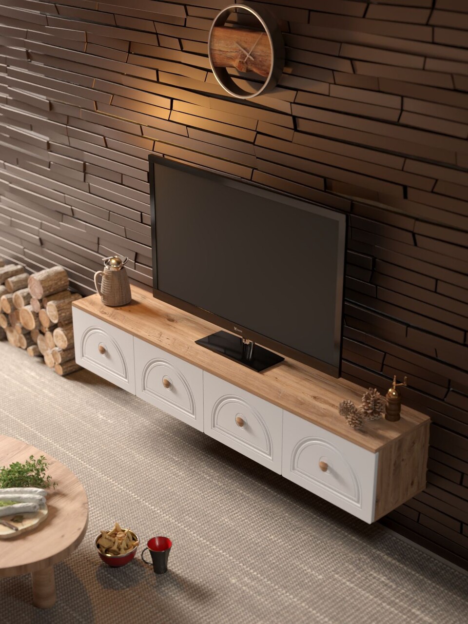 Comoda TV, Hanah Home, Virella 180, 180x32x35 cm, PAL, Pin Atlantic / Alb - view 4