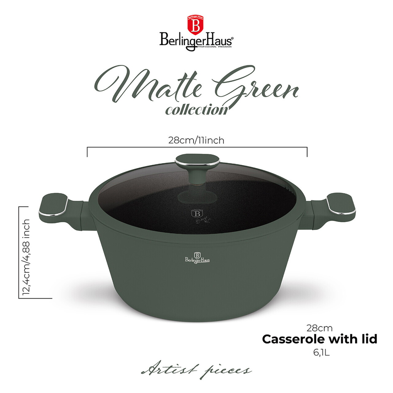 Oala cu capac Berlinger Haus, Matte Green, 28 cm, 6.1 L, aluminiu forjat, verde mat - imagine 10