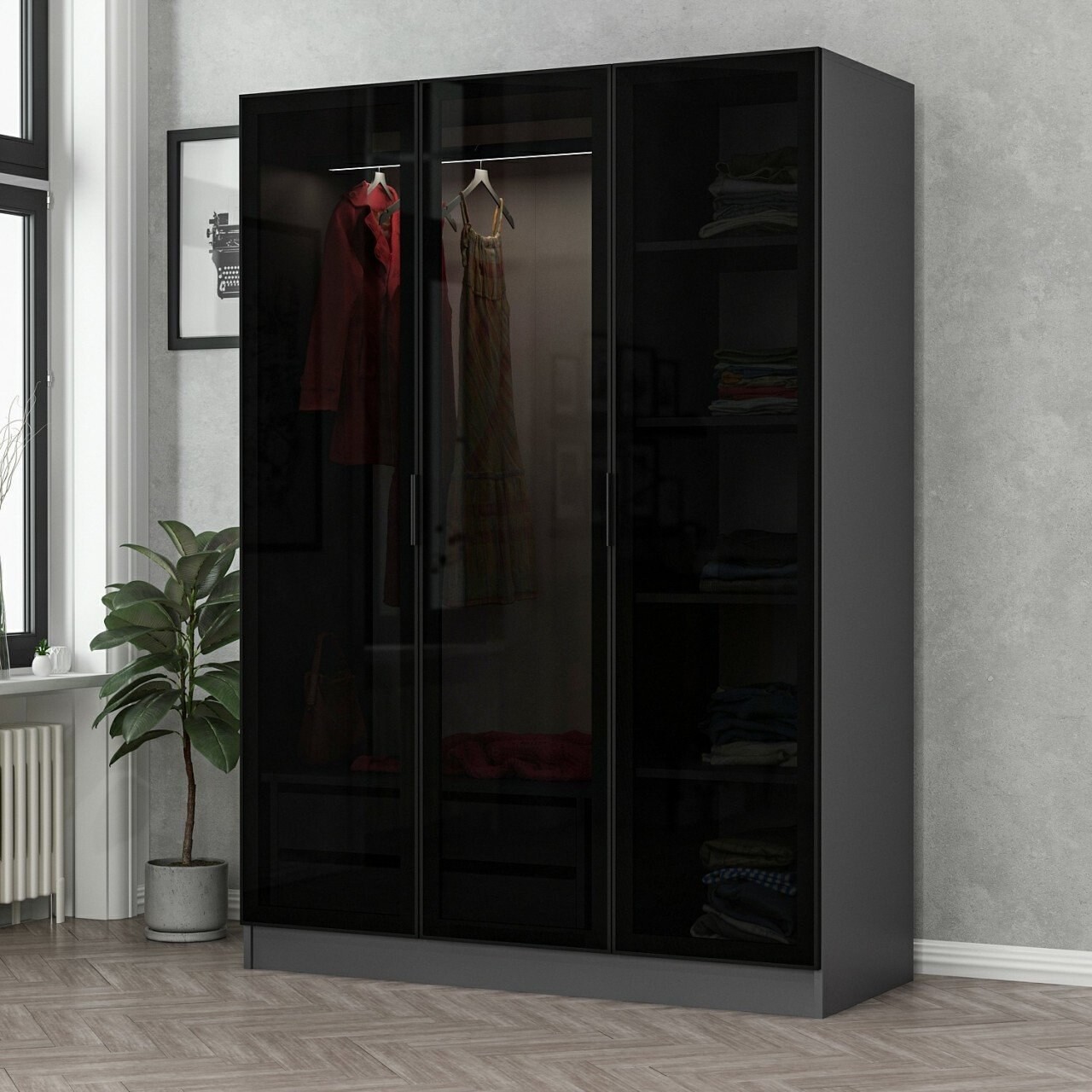 Dulap pentru haine, Minerva, Kale Anthracite Black, 135x210x52 cm, PAL, Antracit / Negru - 1 | YEO