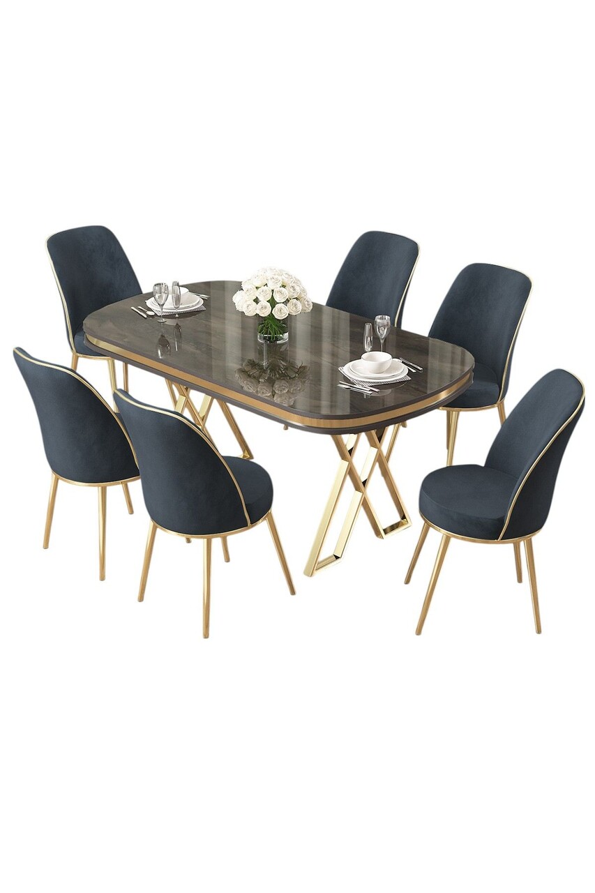 Set masă și scaune (7 piese), Hanah Home, Lai, Antracit / Aur - imagine 2