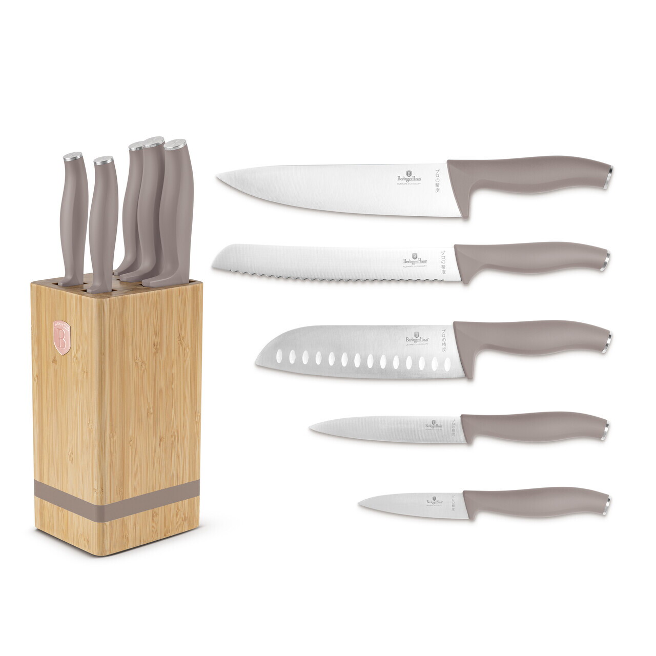Set 5 cutite cu suport patrat Berlinger Haus, Taupe, inox/bambus, taupe mat/natur - imagine 9