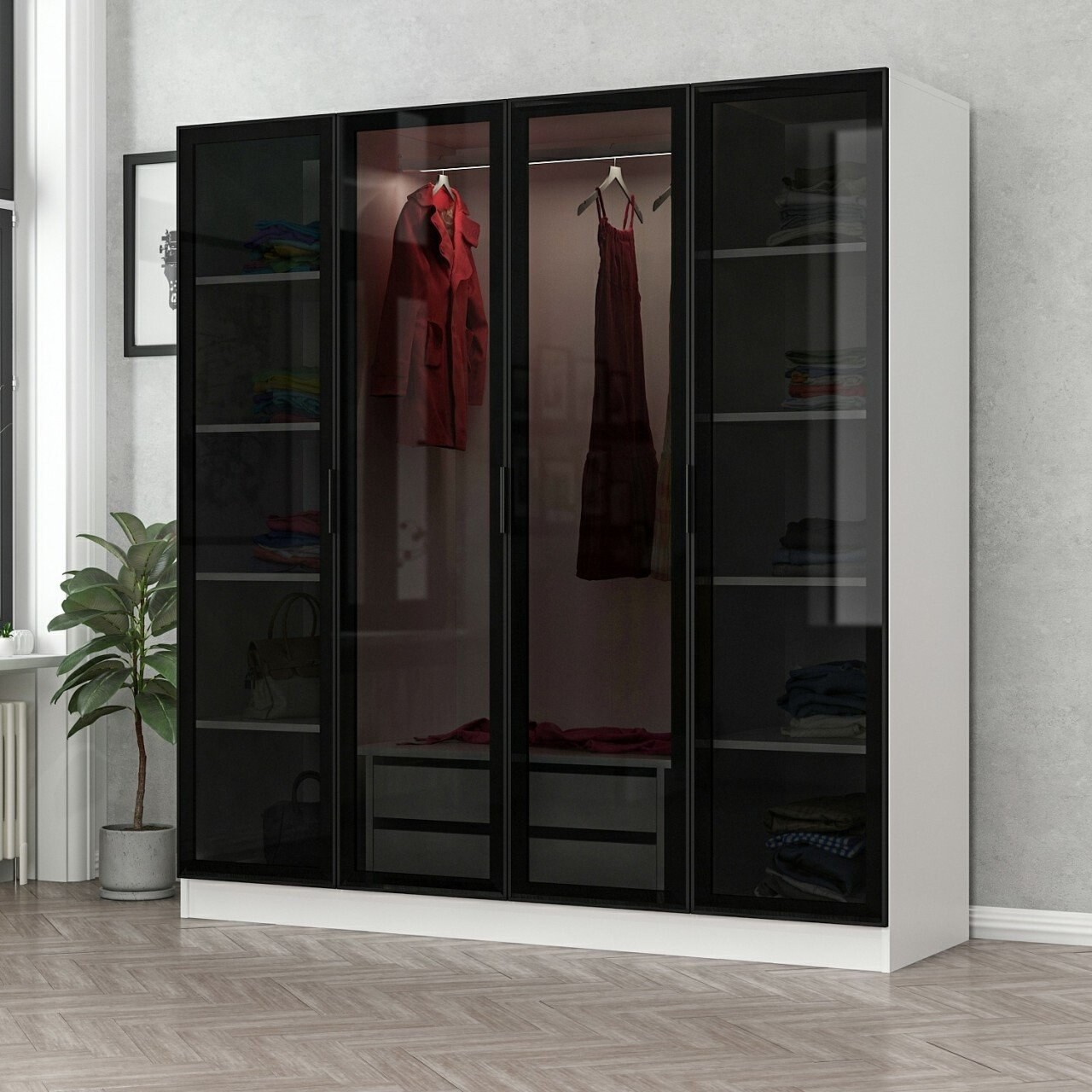 Dulap pentru haine, Minerva, Kale, 180x190x52 cm, PAL, Alb/Negru - 1 | YEO