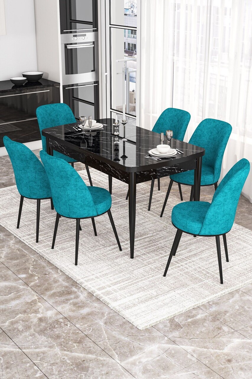 Set masa extensibila si scaune (7 piese), Hanah Home, Via, Model de marmură neagră / turcoaz