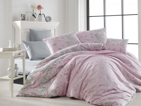 Lenjerie de pat dubla, 4 piese, 100% bumbac ranforce, Nazenin Home, Lines, roz/gri