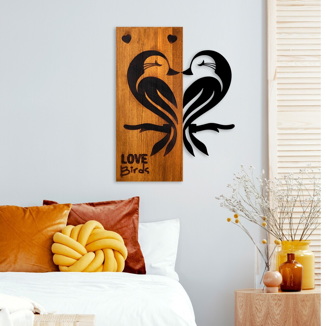 Decoratiune de perete, Love Birds 5, Lățime: 45 cm Înălțime: 58 cm Adâncime: 3 cm, Nuc / Negru — imaginea 2