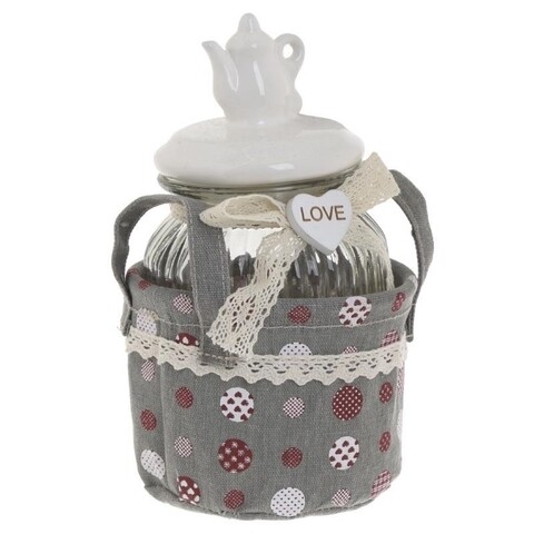 Borcan cu capac si cos, Love, InArt, 12x21 cm, sticla/bumbac, gri/bej