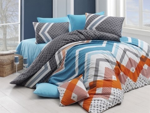 Lenjerie de pat dubla, 4 piese, 100% bumbac ranforce, Nazenin Home, Kerry Turquoise, multicolora