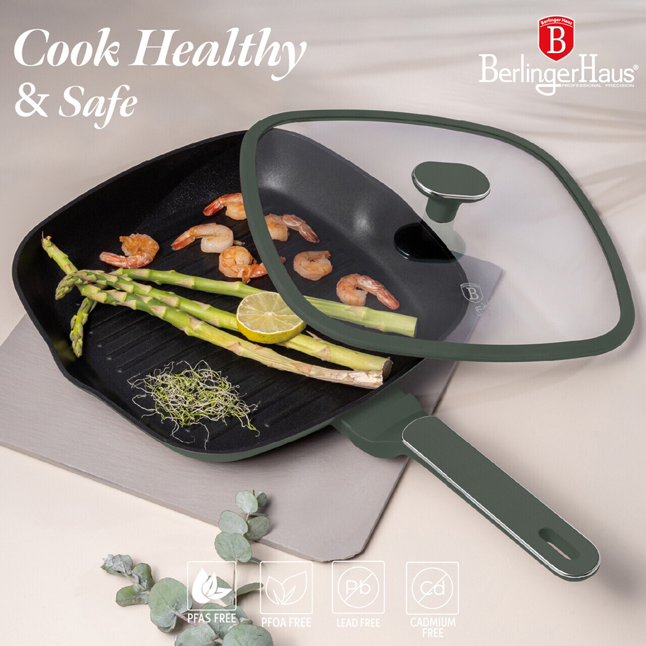 Tigaie grill cu capac Berlinger Haus, Matte Green, 28 cm, 2.1 L, aluminiu forjat, verde mat - imagine 8