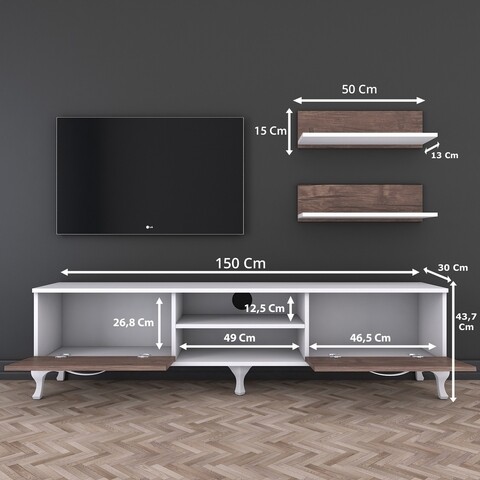Comoda TV cu 2 rafturi de perete A4 - 55, Wren, 150 x 30 x 43.7 cm/50 x 15 x 13 cm, walnut/white