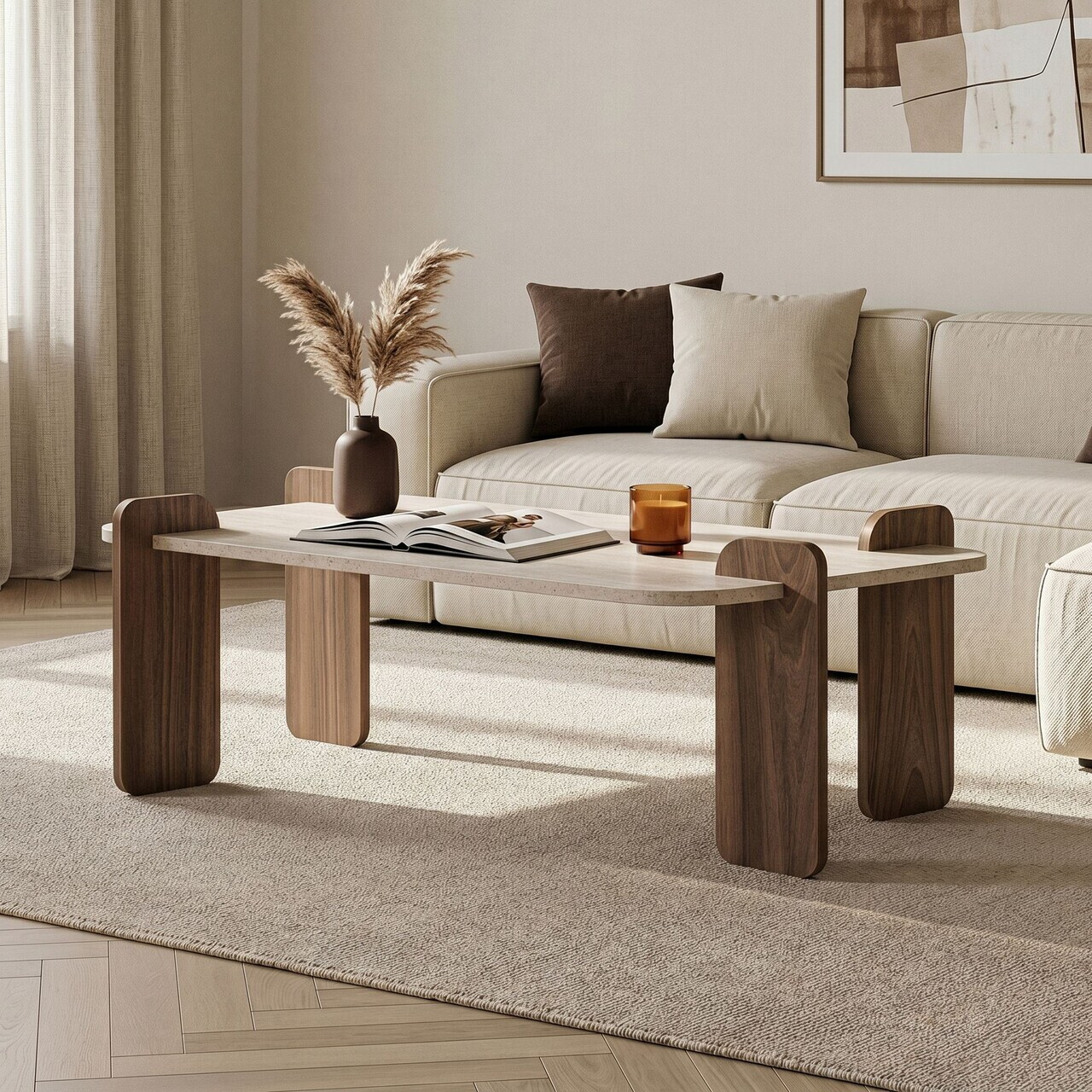 Masuta de cafea, Hanah Home, Renard, 120x35x60 cm, PAL, Travertin / Nuc — imaginea 2
