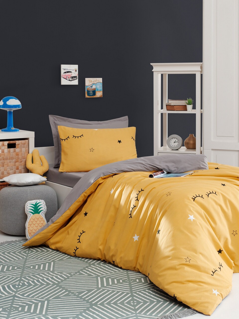 Lenjerie de pat pentru o persoana, Dide - Yellow, Eponj Home, 65% bumbac/35% poliester
