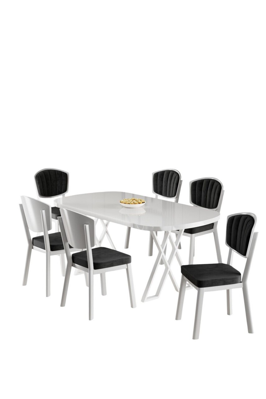 Set masa si scaune (7 piese), Hanah Home, Flori, Alb/Negru — imaginea 2