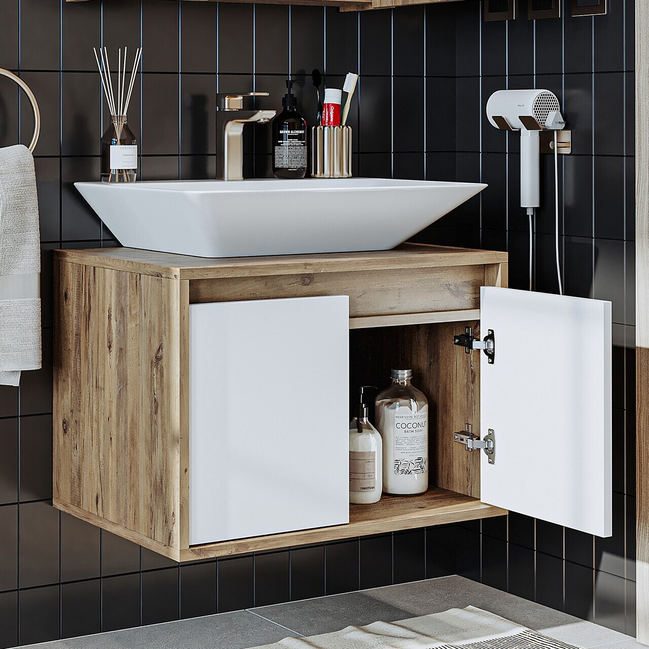 Dulap de baie cu chiuvetă, Hanah Home, 1750, 65x58x45 cm, MDF-LAM, Pin Atlantic / Alb Mat — imaginea 3