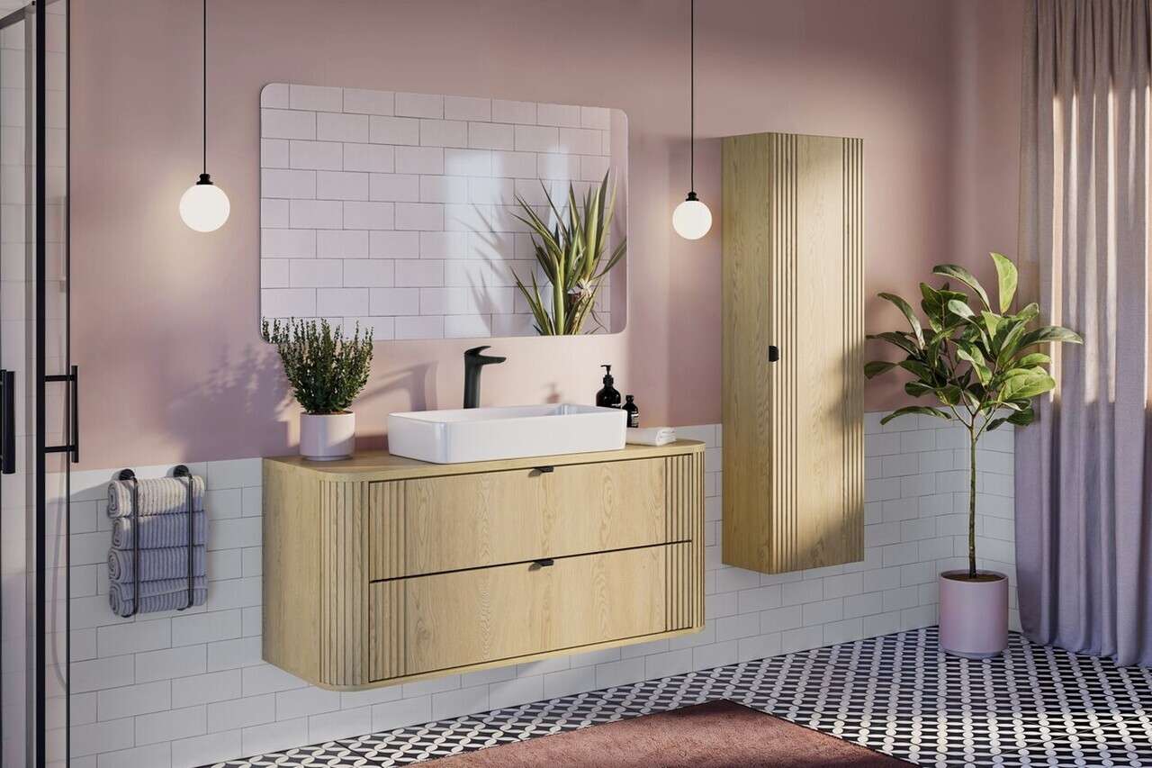 Set mobilier baie, Ovalia Cremona Beyond 120 cm, dulap inalt si masca cu lavoar, Comad, MDF/PAL, stejar - view 9