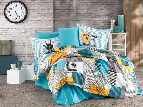 Lenjerie de pat dubla King Size, Hobby, Bermuda Turquoise, 4 piese, 100% bumbac poplin, multicolor Hobby