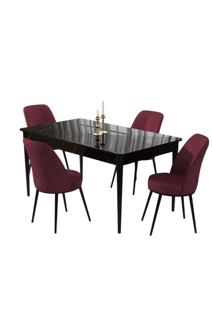Set masa si scaune (5 piese), Hanah Home, Pir, Model de marmură neagră / Burgundiu — imaginea 2