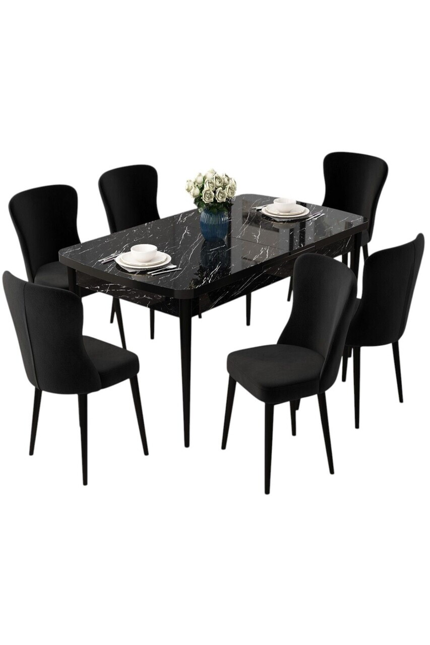 Set masa extensibila si scaune (7 piese), Hanah Home, Due, Model de marmură neagră / Negru — imaginea 2