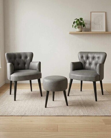Set fotoliu cu aripioare și puf (3 piese), Atelier del Sofa, 281ELR1180, Gri