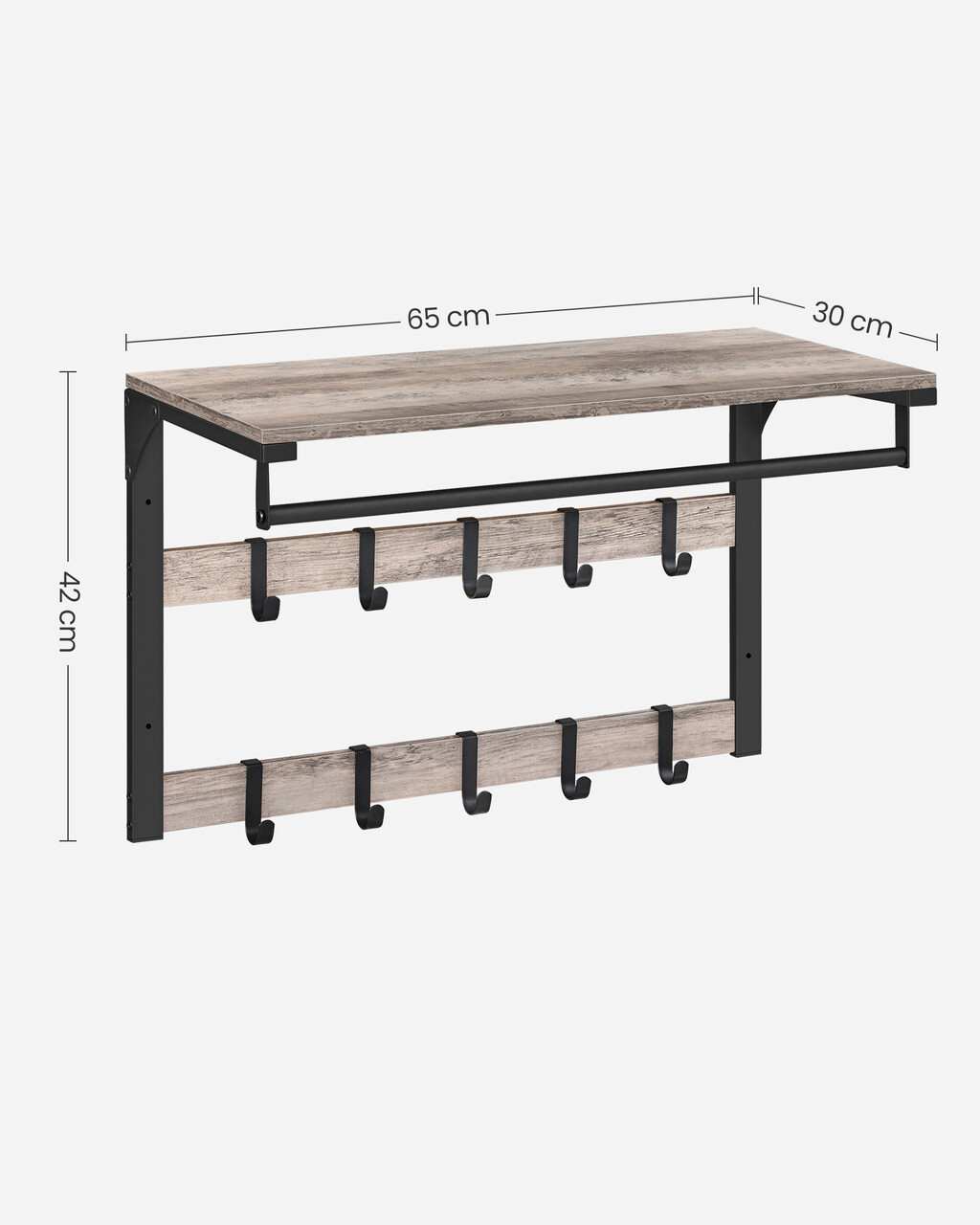 Cuier de perete, Vasagle, cu 10 agatatori, 65x30x42 cm, PAL/otel, gri/negru - 2 | YEO