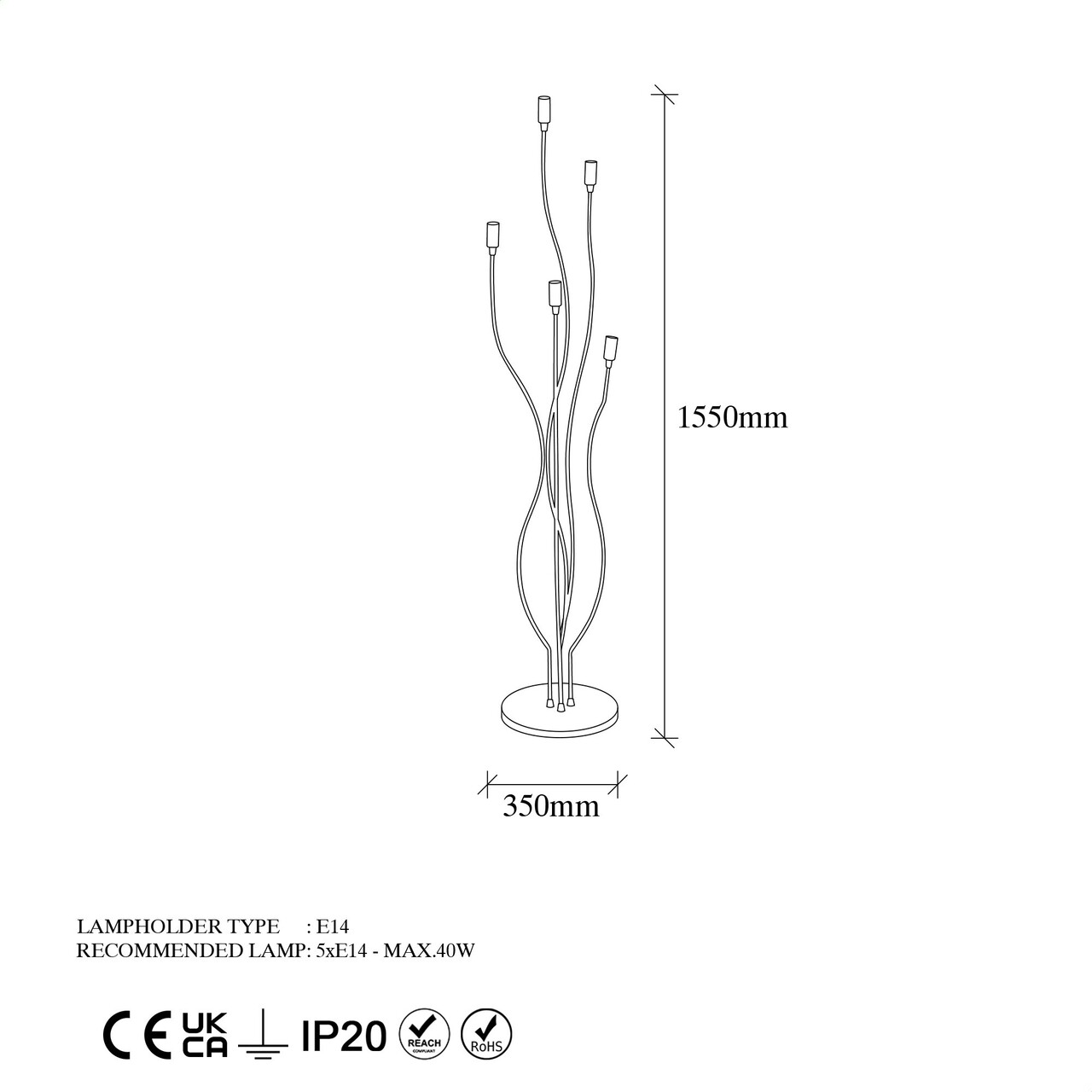 Lampadar, Bonibon - 13231, Fulgor, 35 x 155 cm, 5 x E14, 40W, negru