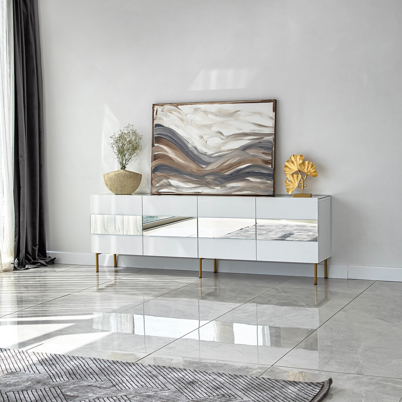 Comoda TV, Neostill, Leon, 180x59x35 cm, PAL, Alb/Auriu - 2 | YEO