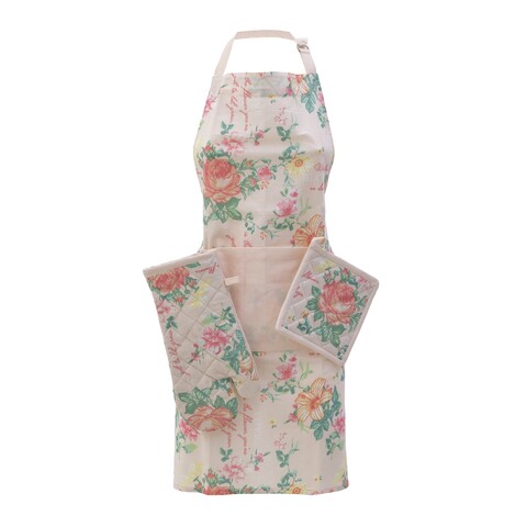 Set 3 piese pentru bucatarie Flowers, InArt, sort bucatarie + manusa bucatarie + suport vase, bumbac