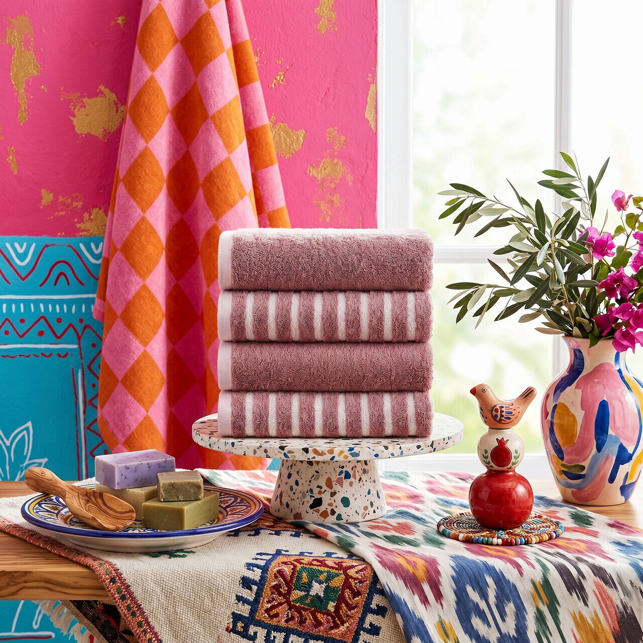 Set prosoape, L'essentiel Maison, Stripe Melange, Bumbac, Roz