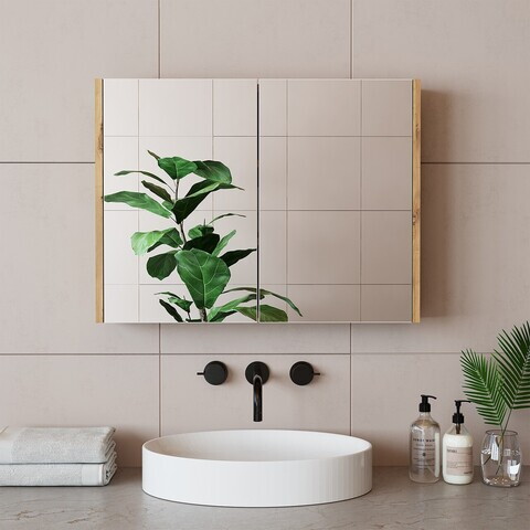 Dulap de baie cu oglindă, Hanah Home, 1754, 80x60x16 cm, MDF-LAM, Maro