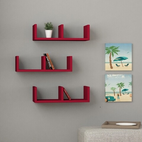 Set 3 rafturi pentru perete U-Model, Decortie, 50x20x14 cm, visiniu