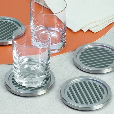 Set 4 suporturi de pahar Linea Coasters, iDesgin, Ø11.5 cm, inox, finisaj periat