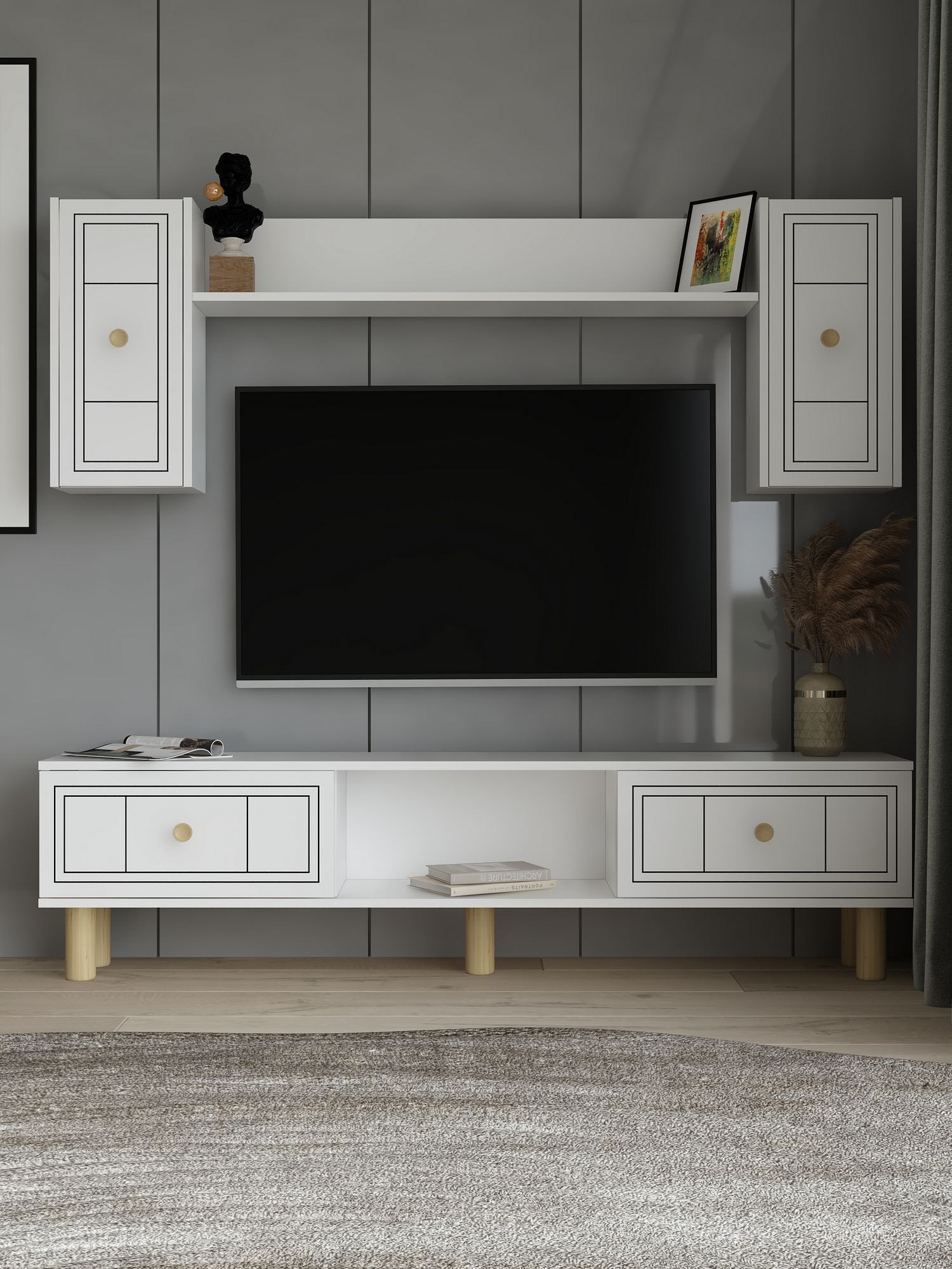 Comoda TV, Hanah Home, Dario Bohem, 150x44.6x29.6 cm, PAL , Alb