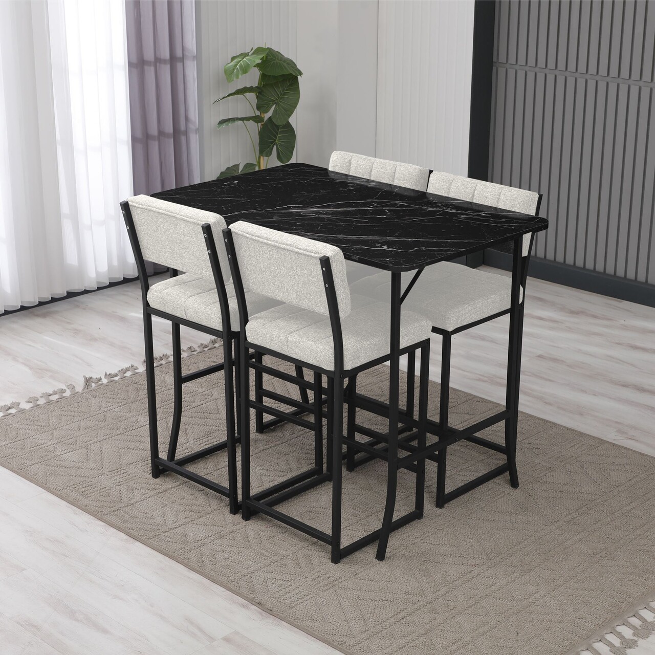 Set masa si 4 scaune de bar, Hanah Home, Retro, Crem/Negru - imagine 2