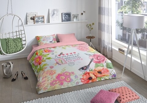 Lenjerie de pat pentru doua persoane, Good Morning, Simone, 100% bumbac, 3 piese, multicolor